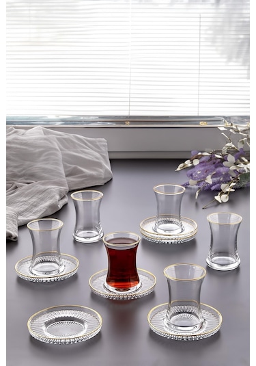 12 Parça Yaldızlı Çay Bardağı Takımı Seti - 6 Adet Bardak, 6 Adet Elysia Model Riva Çay Tabağı Şeffaf