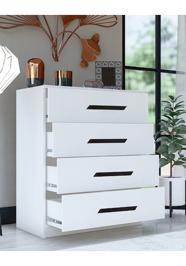 Gm 084 Almina 4 Çekmeceli Siyah Kulplu Beyaz Şifonyer