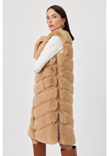 Vittoria Camel Tüylü Uzun Yelek Siyah