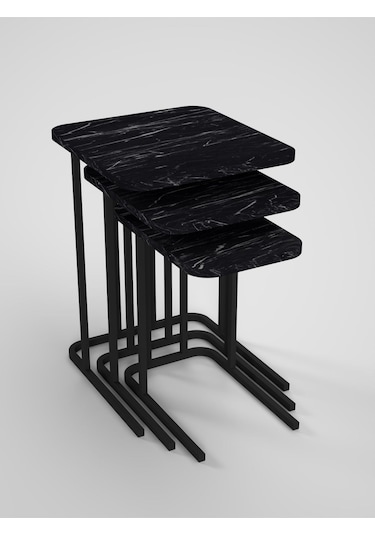 Zigon Sehpa Metal Ayak 3'lü Koltuk Yan Sehpa Zino Bendir Siyah