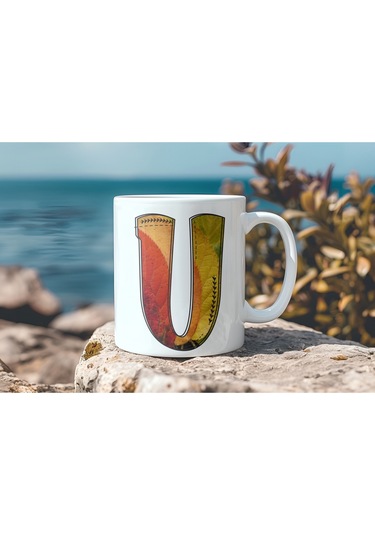 U Harf Yaprak Renkleri İle Kupa Bardak - Kişiye Özel Alfabe Harfli Bardak - Hediye Beyaz