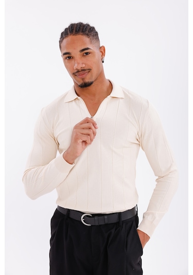 Monox Erkek Yarım Fermuarlı Polo Yaka Triko Kazak Bej