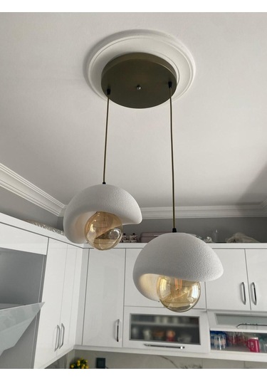 Beton Görünümlü Modern Şık İskandinav Tarz 2 Başlı Avize 25cm Rustik Ampul Hediyeli Nestvibe Eskitme - Gold