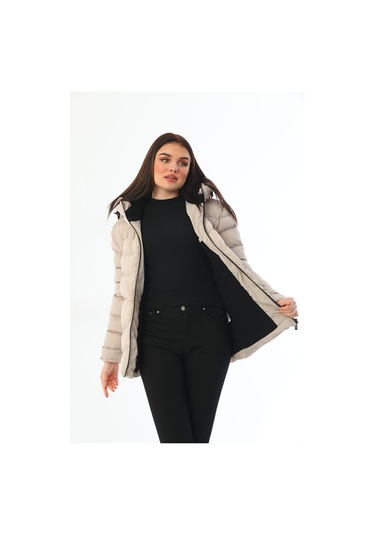 Freemen Kadın Taş Polarlı Kürklü Kapüşonlu Su Geçirmez Rüzgara Dayanıklı Şişme Kışlık Mont Taş