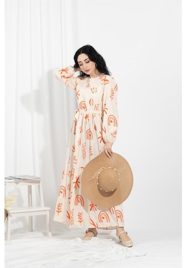 Antik Desenli Keten Elbise-oranj-1249-turuncu Turuncu