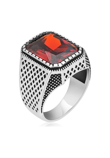 Kare Kırmızı Taşlı 925 Gümüş Erkek Yüzük