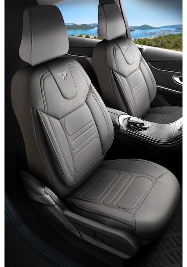 Gri - Gri Panda Rodos Serisi Deri Ortopedik Oto Koltuk Kılıfı - Tam Set