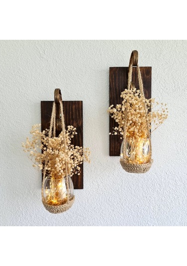 Duvar Dekoru, Led Işıklı, Beyaz Cipso Çiçekli Aplik, Ceviz Ikili