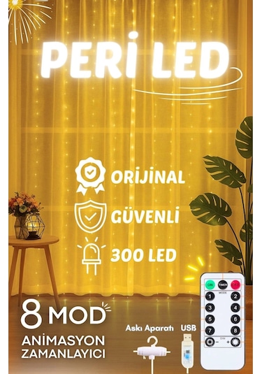 Perde Led Aydınlatma 3mx3m Kumandalı 8 Fonksıyonlu 300 Ledli 10 Sarkıtlı Peri Ledi Usb Girişli Çok Renkli