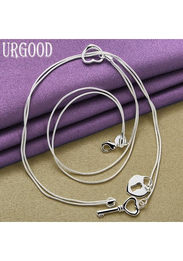 925 Ayar Gümüş Anahtar Kalp Kilit Kolye Yılan Zinciri Kadın Düğün Moda Charm Takı
