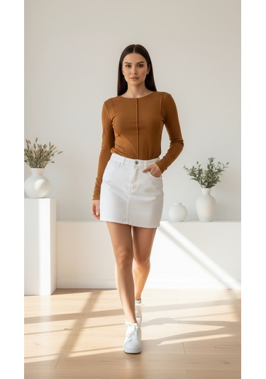 Divinus Kadın Slim Fit Pamuklu Uzun Kollu Bodysuit Taba