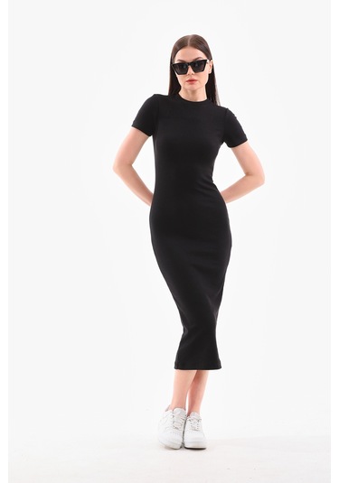 Siyah Kısa Kollu Diz Altı Fitilli Esnek Kalem Elbise - 130 Cm Siyah