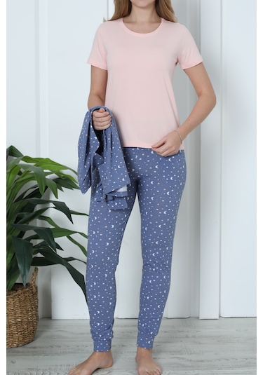 Kadın Pijama Uzun Kollu Düğmeli Pijama Takımı Cepli Pamuk 3 Lü Takım Kısa Kollu Indıgo İndigo