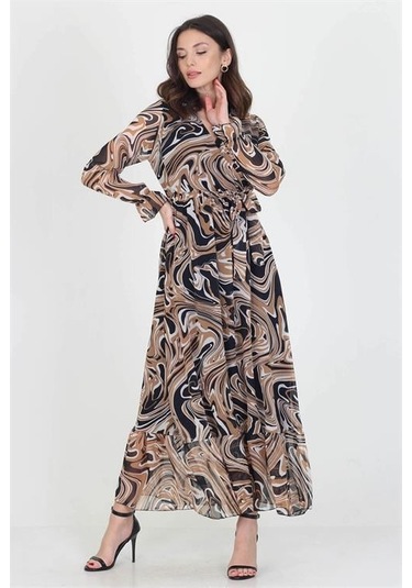 Dipmoda Kadın Kruvaze Yaka Bağlama Detaylı Eteği Fırfırlı Uzun Şifon Elbise Kts003 Camel/siyah
