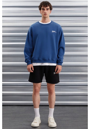 Ernest Erkek Yumuşacık Kumaşlı Oversize Fit Yuvarlak Yakalı Baskılı Mavi Sweatshirt