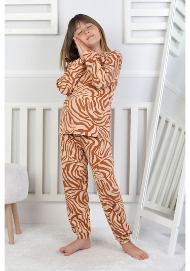 Kaplan Desenli Kız Çocuk Pijama Takımı Kahverengi