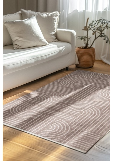 Revna Bej Kahverengi Yıkanabilir Halı Kaydırmaz Pamuk Dokuma Salon Mutfak Koridor İçin Kahverengi