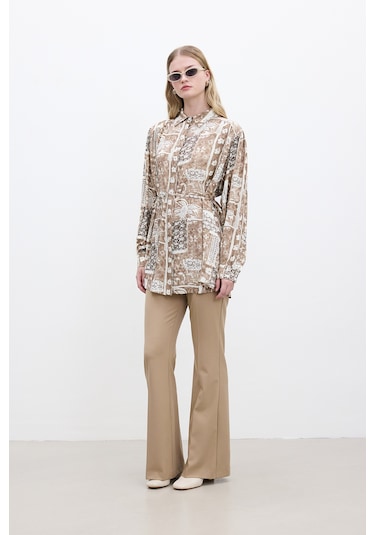 Kuşaklı Retro Tarz Gömlek Ilona Çok Renkli