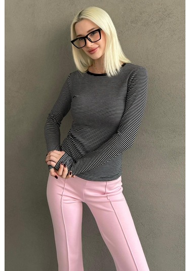 Siyah Çizgili Uzun Kollu Kadın Body Mg2657 Siyah