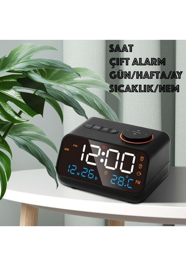 Plentiful Dekoratif Led Dijital Saat Fm Radyo 2 Alarm Sıcaklık Ve Nem Göstergeli Şarjlı Pilli Saat Siyah