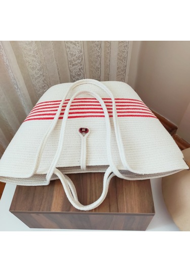 Yazlık Pamuk Dokuma Kadın Omuz Çantası, Plaj Çantası Bej - Kırmızı