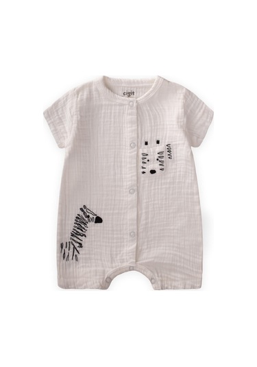 Cigit Zebra Nakışlı Müslin Şort Tulum 0-3 Yaş Ekru Ekru