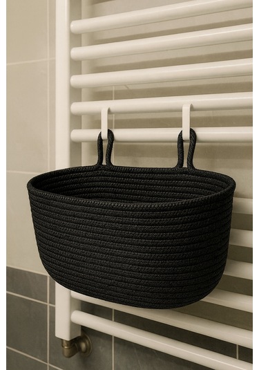 Dekoratif Askılı Banyo Sepeti 18 40 16 Cm Saklama Ve Düzenleyici Hasır Jüt Sepet Organizer El İşi Siyah