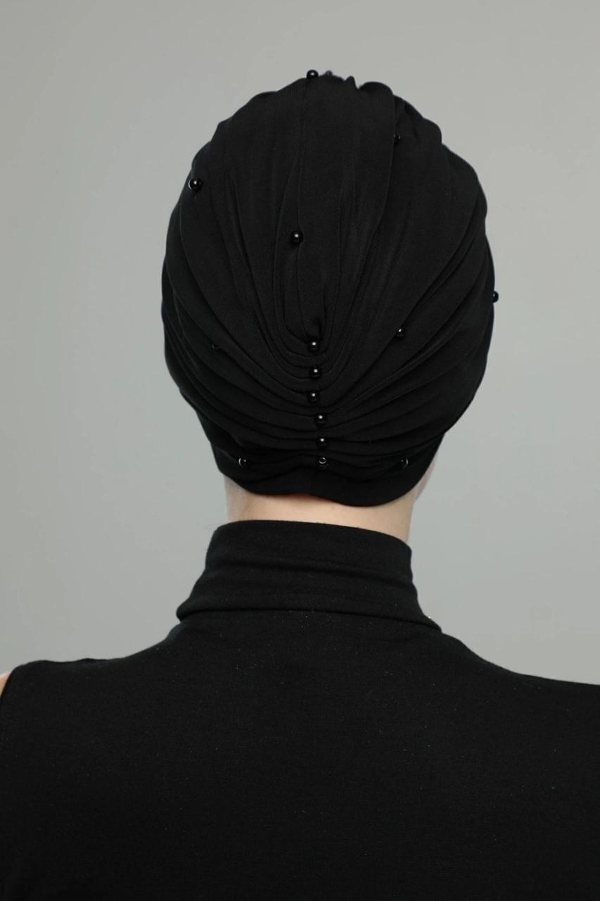 Kopma Astarlı Işlemeli Siyah Gül Motifli Hazır Türban Tesettür Abiye Bone Siyah Gül