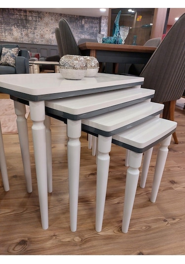 Akset 4lü Lüx Zigon Sehpa Beyaz Antrasit