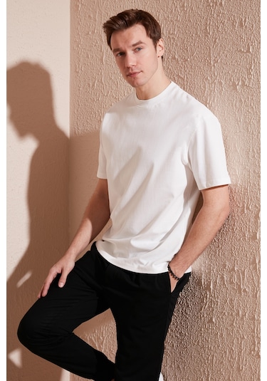 Buratti Pamuklu Relaxed Fit Sıfır Yaka Erkek T Shirt 5905446 Ekru