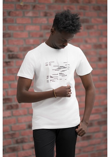 Slim Fit Sıfır Yaka Baskılı Pamuklu T-shirt Beyaz