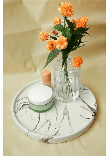 Dekoratif 24 Cm Yuvarlak Mum, Saksı Ve Takı Tabağı, Mumluk, Organizer Tabak, Kase, Tepsi - Beyaz Siyah