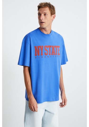 GRIMELANGE Atlanta Erkek %100 Pamuklu Kısa Kollu Baskı Detaylı Parlament Mavi T-shirt Parlament Mavi Parlament