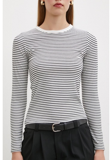 Bisiklet Yaka Çizgili Bluz Beyaz Beyaz