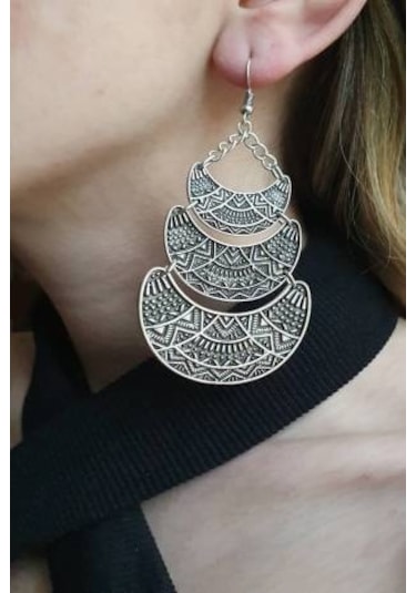 Gümüş Kaplama Antik Desenli Kadın Sallantılı Küpe