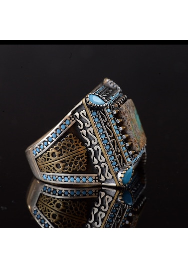 Doğal Turkuaz Taş Yüzük, Kare Tasarım - 925 Ayar Gümüş Erkek Yüzüğü, El Yapımı Şıklık Gümüş