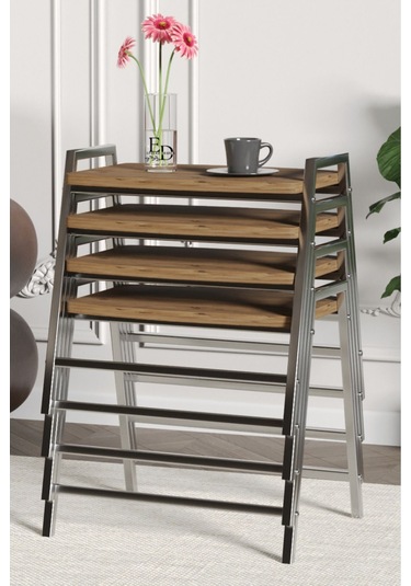 Zigon Sehpa , Aden 4'lü Tepsi Zigon Sehpa Takımı Gümüş Metal - Atlantik Çam Tabla Gümüş-atlantik Çam