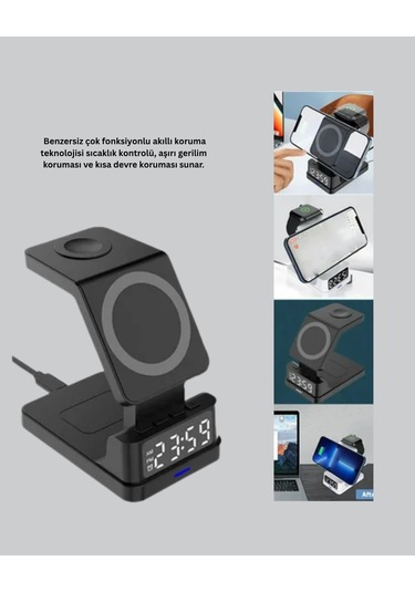 Kablosuz Şarj Cihazı Ve Dijital Saat - 4 Ü 1 Arada Hızlı Şarj, Apple Uyumlu, Led Işıklı Tasarım