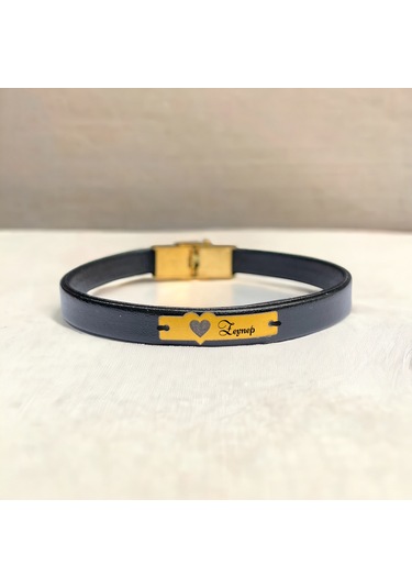 Archin Zeynep İsmine Özel Hakiki Siyah Derili Kalp Figürlü 14 Ayar Altın Plakalı Hediye Bileklik-568isim Zeynep