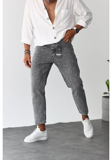 Boyfriend Gri Renk Asit Yıkamlı Eskitme Kot Erkek Pantolon Gri