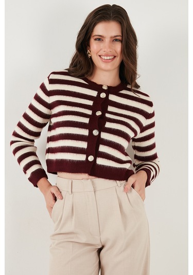Lela Çizgili Oversize Fit Bisiklet Yaka Düğmeli Crop Triko Bayan Hırka 4615567 Bordo
