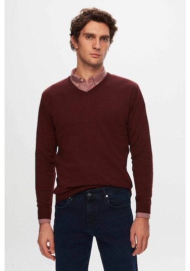 D's Damat Ds Damat Regular Fit Bordo Düz V Yaka Triko Kazak 5HF06ORT12003 Bordo