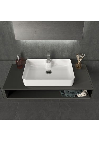 Mestola Tezgah Üstü Kare Çanak Lavabo Batarya Delikli 60 X 42 Cm Beyaz