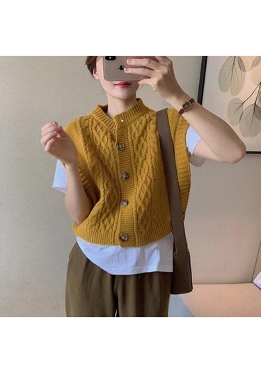 Sarı Kore Şık Vintage Büküm Kolsuz Kazak Yelek Kadın Sonbahar Kış Örme Yelek Yelekler Kadın Düğme O Boyun Triko 29143 Sarı