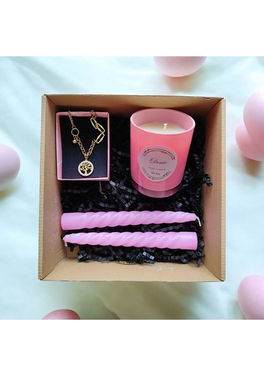 Denic Hediye Seti Kokulu Pembe Bardak Mum Yaşam Agacı Kolye Burgulu Mum