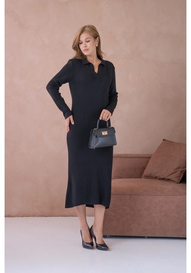 Kadın Polo Yaka Yamuşak Dokulu Maksi Boy Triko Elbise Siyah