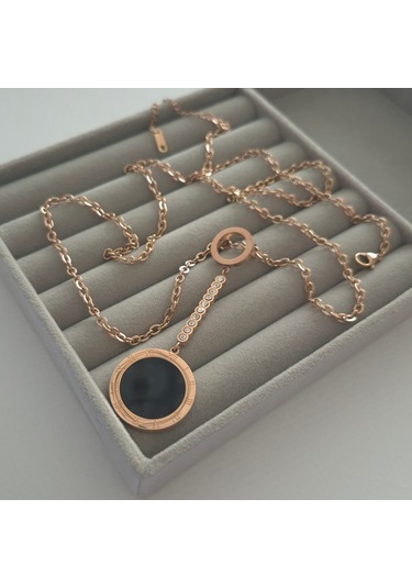 Çelik Rose Renk Roma Rakamlı Uzun Kadın Kolye