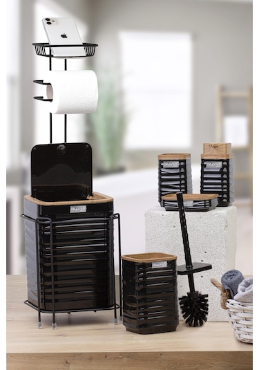 Okyanus Home Siyah Ahşap Desenli Luna Kare Yedekli Wc Kağıtlık Ve 6 Parça Banyo Seti