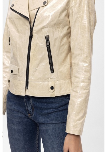 Bej Merlot Çıt Çıt Detaylı Yandan Fermuarlı Biker Motorcu Hakiki Deri Kadın Mont-bej Bej