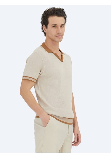 Kip Bej Polo Yaka Desenli Triko Bej